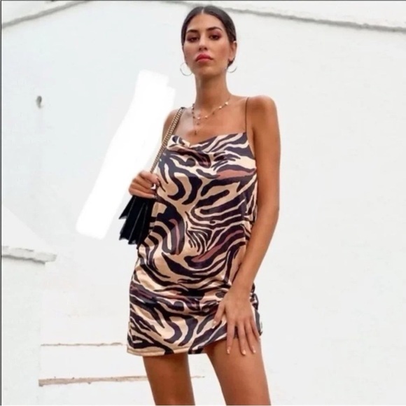 Zara Tiger Animal Print Cowl Neck Satin Slip Mini Dress Size Medium Brown Tan - Picture 5 of 16